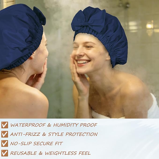 Shower Cap for Women, Cute Bow Waterproof Reusable Bath Cap, Non-Slip Anti Humidity, Roomy Anti-Frizz for Short Medium Wavy Hair, Soft Elastic & Machine Washable, Navy Blue