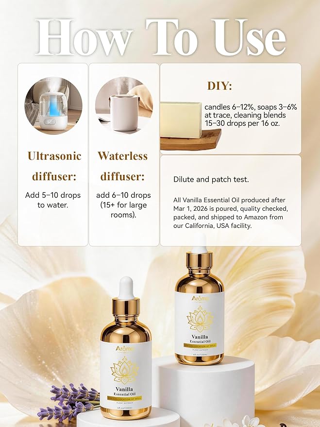 100% Pure Vanilla Essential Oil, 4 Fl Oz, Vanilla Oil for Diffusers, Home Fragrance & Aromatherapy, Essential Oils for Diffusers for Home & Skin & Home Care, Candle Scents for Candle Making