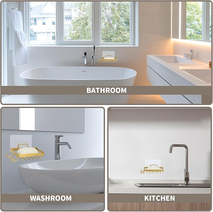 Snailhouse Soap Dish for Shower, Wall Self Draining Adhesive Hanging Stainless Steel Bathroom Bathtub Bar Soap Holder Tray Caddy with 2 Hooks, Gold