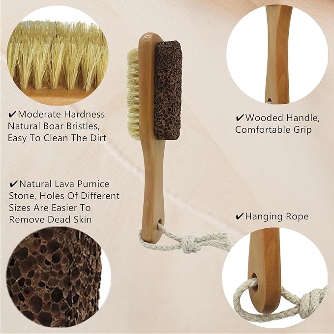Natural Lava Pumice Stone for Feet with Brush, 2 Pcs Callus Remover Foot Scrubber Exfoliator Pedicure Tools for Hard Dead Skin, Smoother Feet, Double Sided Boar Bristles Wooden Handle, Random