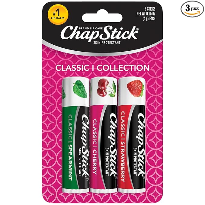 ChapStick Lip Care Set, Classic Collection 3-Pack – Spearmint, Cherry, and Strawberry Lip Balm, 0.15 Oz Ea