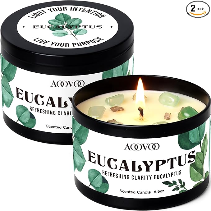 AOOVOO 2 Pack Eucalyptus Mint Candles – Aromatherapy Candle with Crystals & Eucalyptus Leaves, 13oz 100 Hours Long Lasting, Non Toxic Soy Candle for Home Spa Relaxation Meditation Yoga