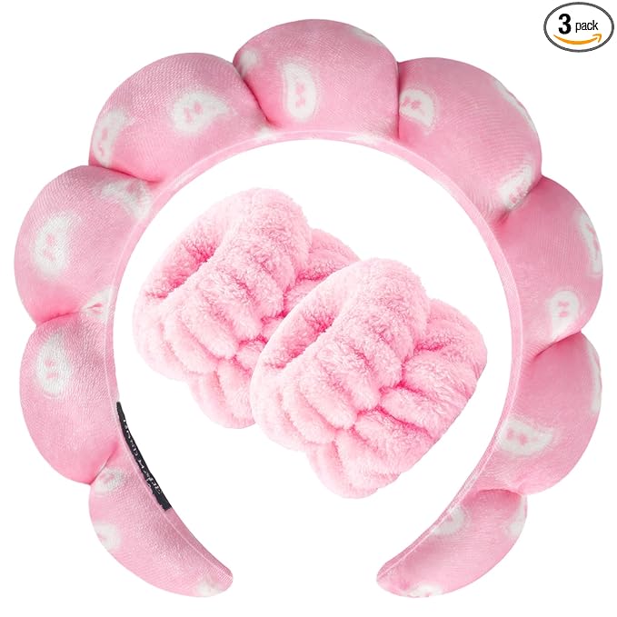 Zkptops Spa Headband for Washing Face Wristband Set Sponge Makeup Skincare Velvet Fabric Bubble Soft Get Ready Hairbands for Women Puffy Headwear Non Slip Thick Thin Hair Accessory (Pink Nuts)