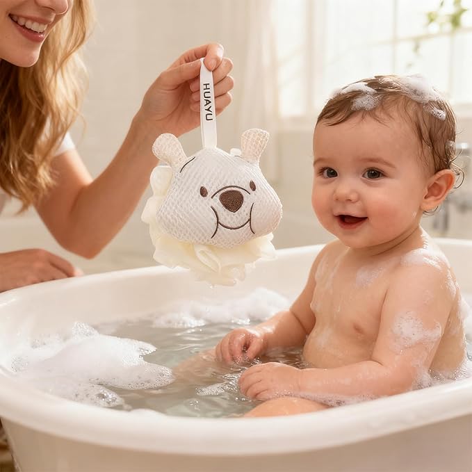 Kids Loofah, Cute Cartoon Animal Kids Bath Sponge with Hanging Rope, Soft Double Mesh for Rich Lather (Long Eared Bear)