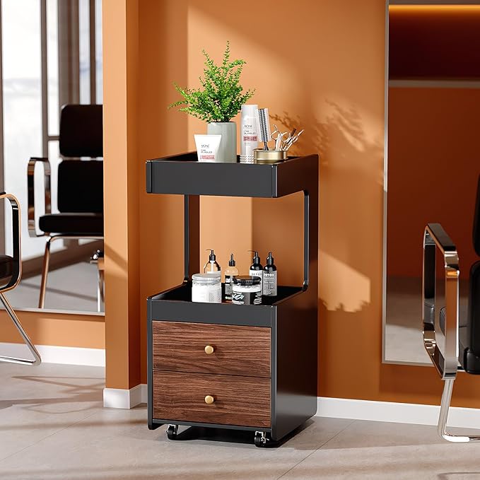 Salon Trolley Cart, Esthetician Cart with 2 Drawer & 2 Trays, 2 Lockable Wheels Hair Styling Station, Tool Organizer Storage Cabinet for Beauty Spa Barbershop, Black Walnut