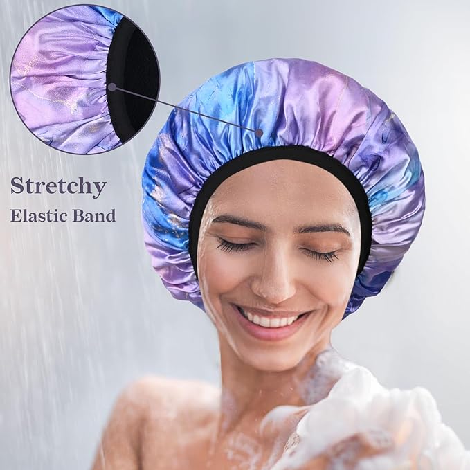 Purple Marble Print Satin Shower Cap, Three-Layer Terry Cloth Lined, with Silk Hair Ties, Microfiber Waterproof Reusable Large Size Shower Cap for Women Long Thick Hair