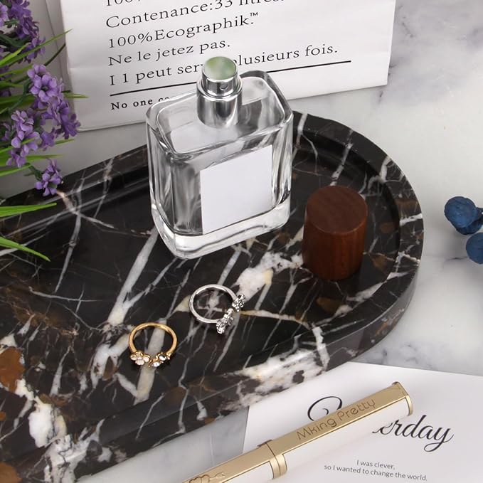 Natural Marble Tray Oval, Bathroom Vanity Tray for Countertop, Elegant Stone Decorative Organizer for Perfume, Jewelry, Home Decor (1, Black Gold, 10 x 5 x 0.6)