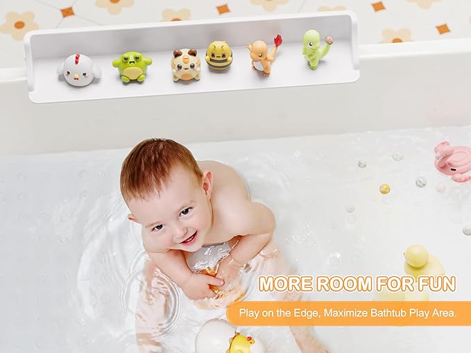 Cushore 3-Ft Bathtub Splash Guard PlayPad with Strong Suction Cups, Toy Tray Caddy Holder Storage, No-Leak, Mess-Free Bath Time for Kids, White
