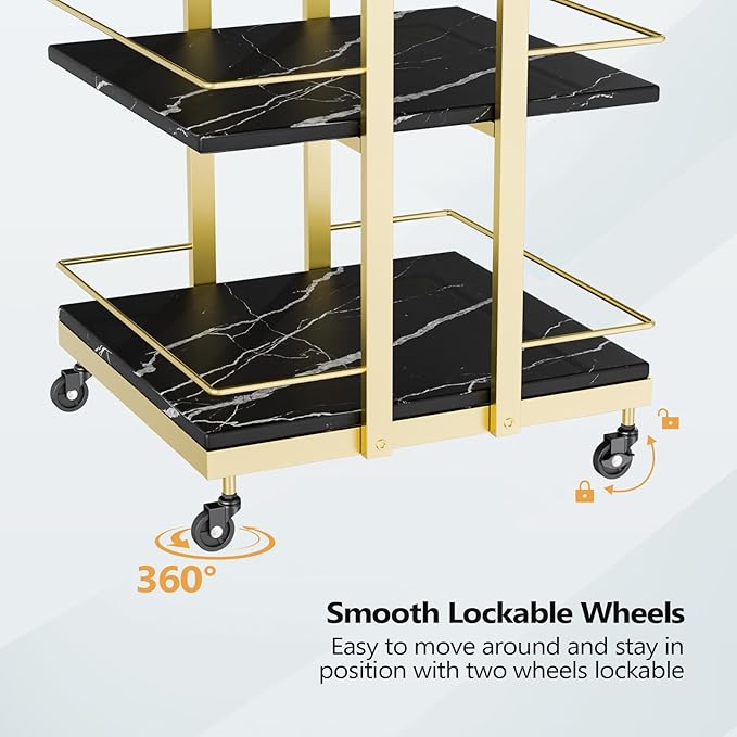 Esthetician Cart with Wheels Utility Salon Rolling Trolley, Black Gold Mobile Storage Organizer for Beauty Spa Cosmetology Massage, Tattoo Manicure Facial Tool Holder Station