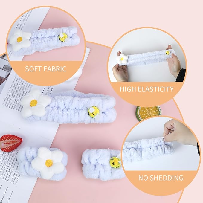 PERFECTSIGHT Kawaii Headband for Spa, Makeup, Washing Face, Party - 2 Pack Cute Hair Band for Shower Beauty Skincare, Soft Facial Headbands for Girls and Women (Blue Flower Bee)