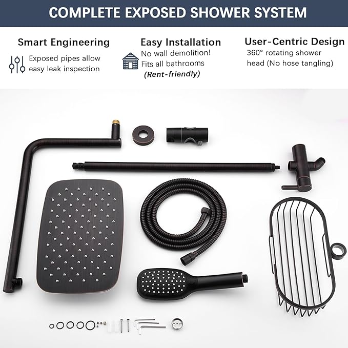 SonTiy Rain Shower Head with Handheld Spray and Shower Shelf, All Metal Shower System Kit with Hand Shower, Height Adjustable Holder and Brass Diverter for Whole Family, 2.5GPM,Brushed Nickel