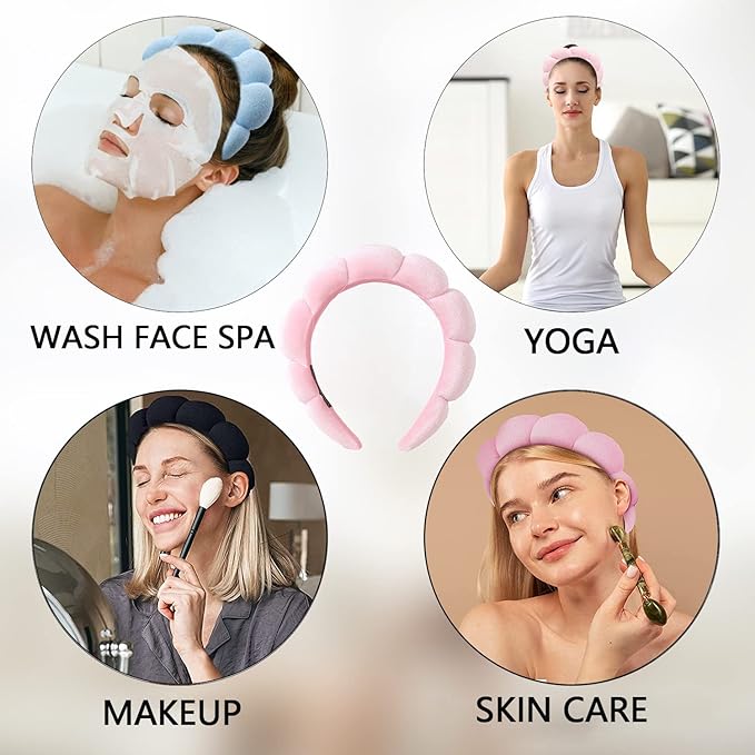 Luckybear Spa Headband for Washing Face, Velvet Makeup Headband with Face Wash Wristbands - Pink