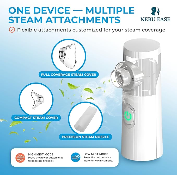 Nebu Ease Portable Facial Steamer & Personal Fine Mist Device – Handheld Rechargeable Mist Unit with Dual Output Levels, Compact Travel Design, Includes Multi-Use Attachments