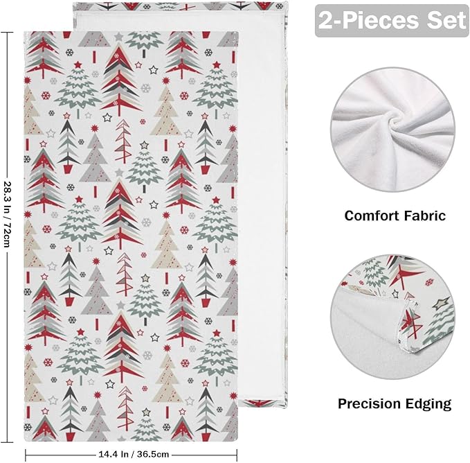 Red Green Grey Christmas Xmas Tree Hand Towels for Bathroom Set of 2,Winter Snowflake Stars Decorative Bathroom Towels for Bath,Face,Hair,Soft Absorbent Dish Towels for Kitchen Decor 28"x14"