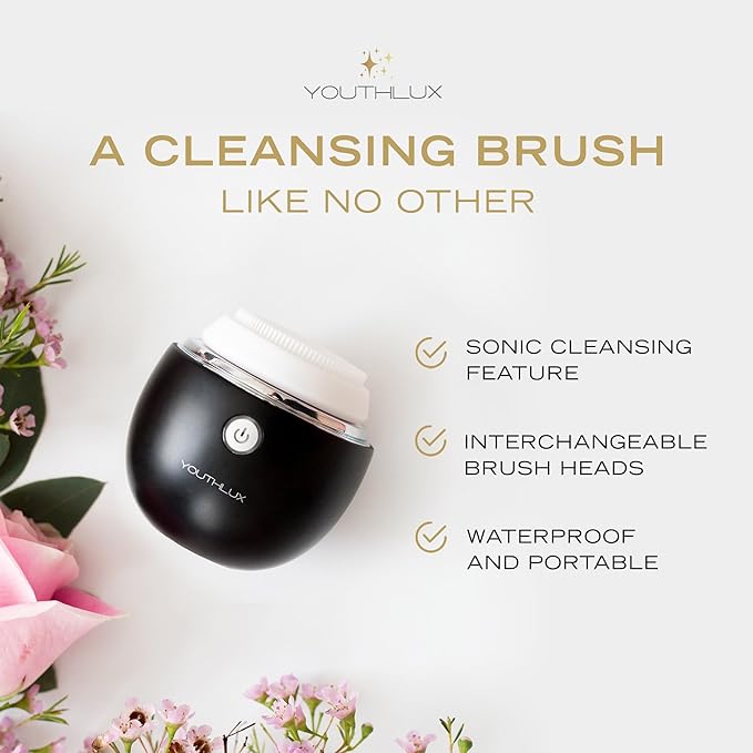 Pure Radiance, Vibrating Facial Cleansing Brush, Electric Face Scrubber, 3 Modes, 3 Brush Heads (2 Bristle,1 Silicone), Waterproof, Rechargeable, Smart Timer, Exfoliating, Massage (Black)