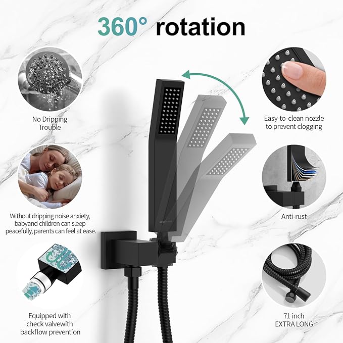 SR SUN RISE 12 Inches Matte Black Shower System 12 Inch Brass Bathroom Luxury Rain Mixer Shower Combo Set Wall Mounted Rainfall Shower Head System Shower Faucet Rough-in Valve Body and Trim Included