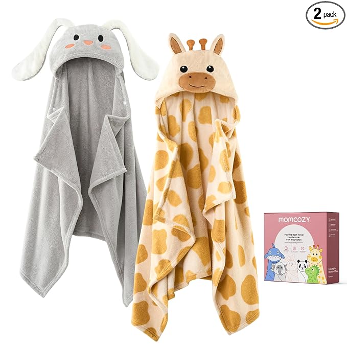 Momcozy Baby Bath Towels with Visualize Health Label - Ultra Soft & Absorbent Coral Fleece Hooded Towels for Newborn, Infant, Toddler (0-36 Months) Bath Essentials (Large Size,2 Pack)