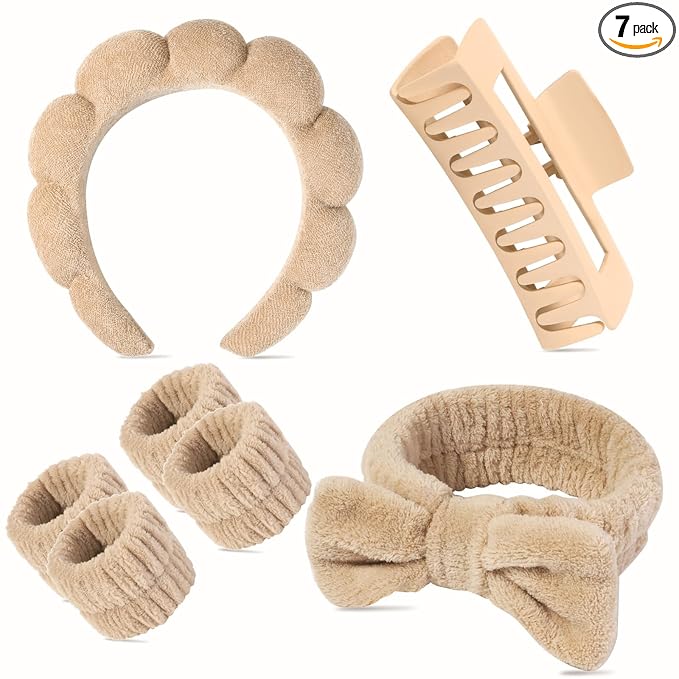 7 Pcs Spa Set, Facial Headband and Wristband Set, Skincare Accessories, College Style Girl Idea Gifts, Hair Accessories for Women and Girls（Brown）