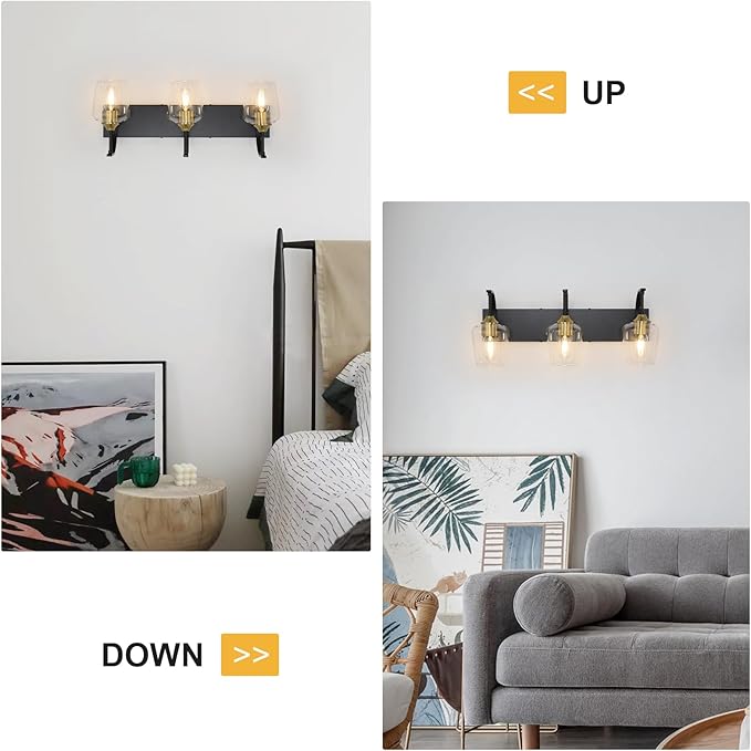 Black 3-Light Vanity Light with Clear Glass Shades, 23.62'' Industrial Black Gold Bathroom Wall Lights for Bedroom Hallway Living Room Kitchen