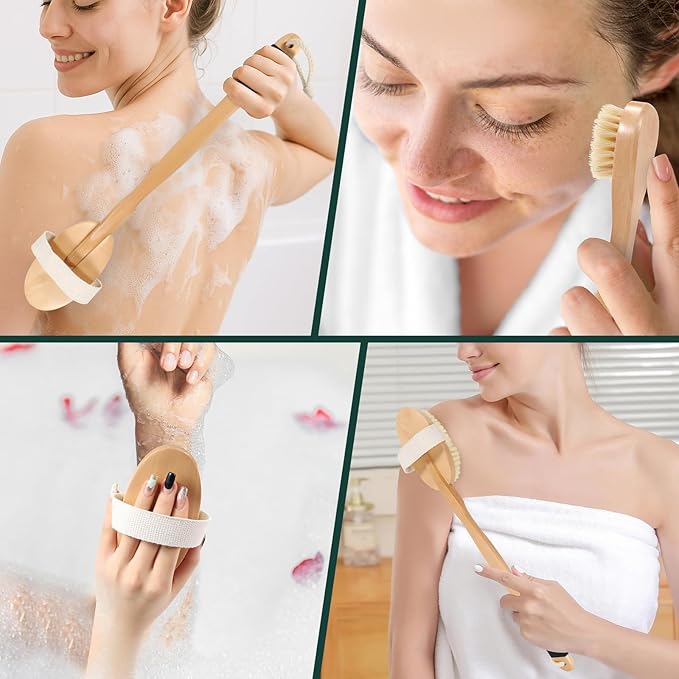 DEBETOOL Dry Brush Set for Body & Face - Dry Brushing Body Brush with Long Handle & 3 Replacement Heads (Soft/Medium/Firm) for Lymphatic Drainage Cellulite
