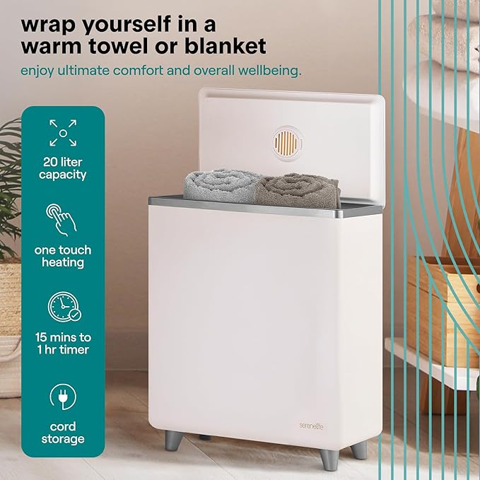 SereneLife Luxury Rectangle Towel Warmer - Spa & Bathroom Heater with Custom Fragrance, Auto Shut-Off, Fits 2 large Towels, Blankets, Bathrobes, PJ's - Perfect Gift for Him & Her (Silver)