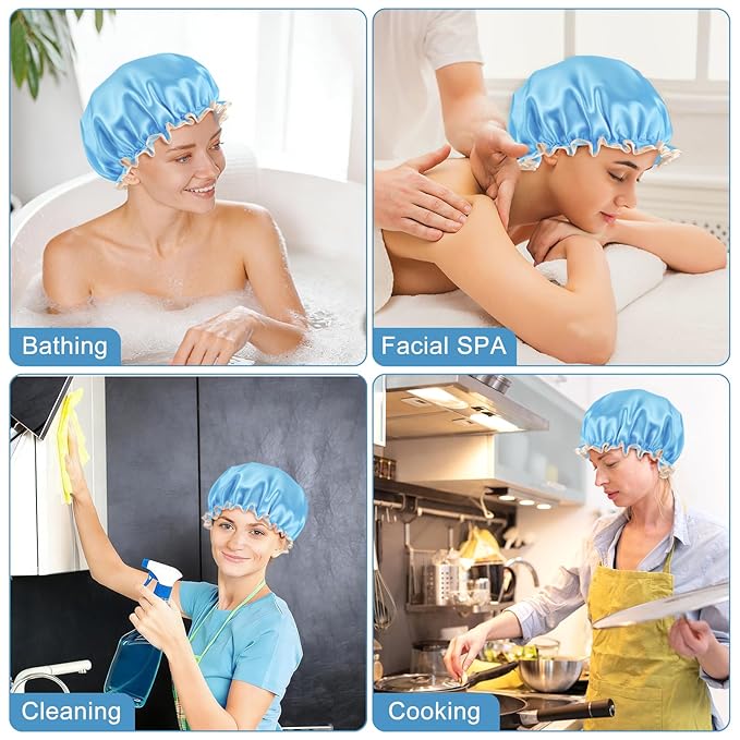 Waterproof Shower Caps for Women, Solid Color Dual-Layer Elastic Band Design Bath Hair Hat, Protects Hair In Shower, Spa, Cooking, Clean & Travel (Blue)