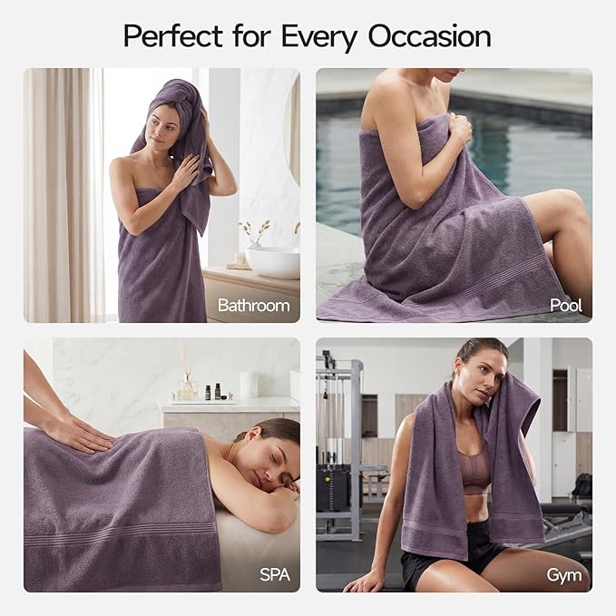 ecolook Bath Towels Set of 4,100% Cotton,27 x 55 Inches,Quick-Drying & Absorbent,Soft,Lightweight Towels for Bathroom,Shower,Spa, Gym & Hotel,Purple
