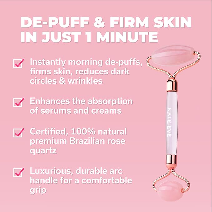 Kate Eve Rose Quartz Face Roller & Gua Sha Set – Luxury Facial Spa Gift for Mom | 100% Natural Brazilian Rose Quartz | De-Puffing Skincare Tool for Women