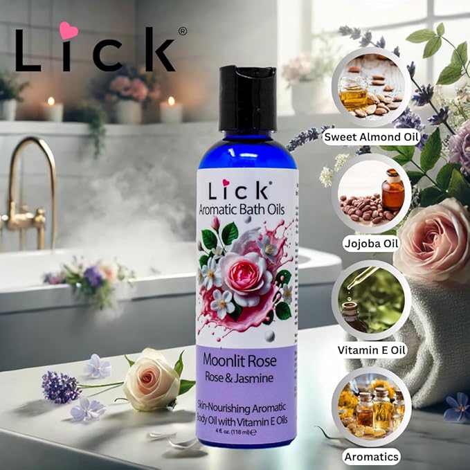 Lick Midnight Rose & Jasmine Aromatic Bath Oil - Calming Floral Scents - Aromatherapy Oils for Bath Relaxation, 4 oz