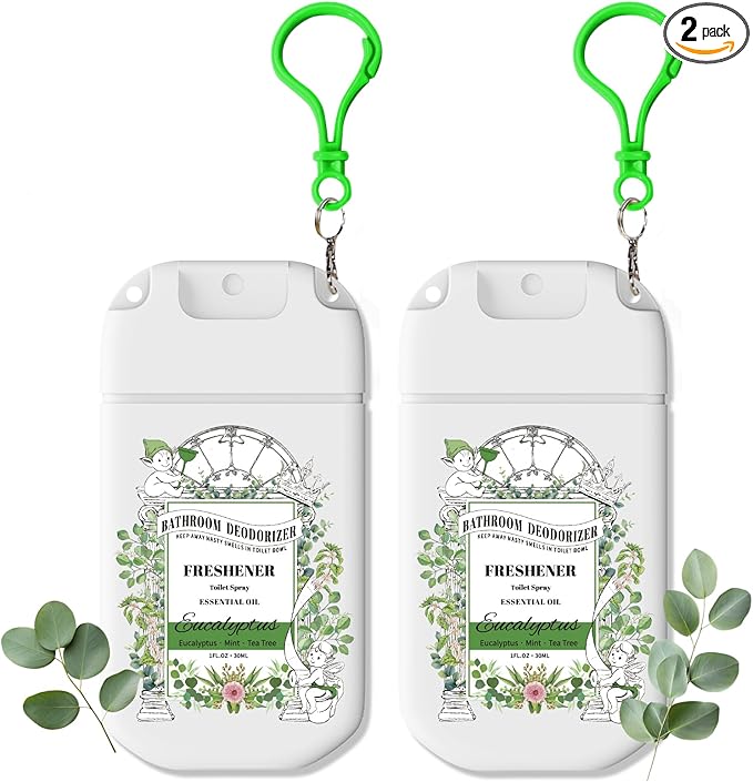 Pocket Size Toilet Spray for Poop, Eucalyptus Scent, Bathroom Odor Eliminator with Removable Hook,Travel Essentials Variety 2 Pack