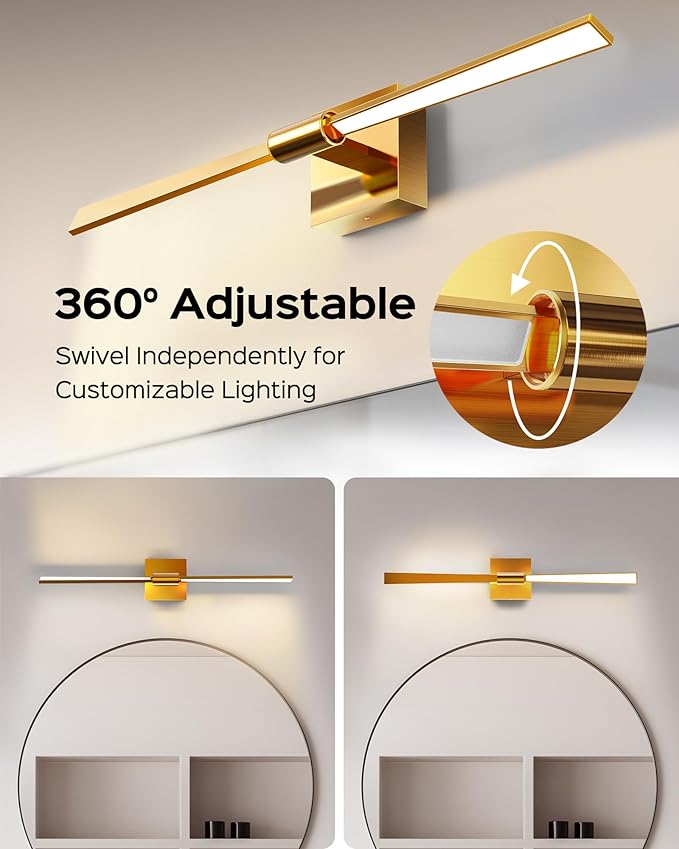 JACKYLED Modern Bathroom Light Fixtures Over Mirror 3 Color Temperatures 2-Head Bathroom Light Bars 360°Swivel 24W LED 1200LM 24-Inch Vanity Lights Hard-Wired, 2700K/4000K/6500K, Brushed Gold
