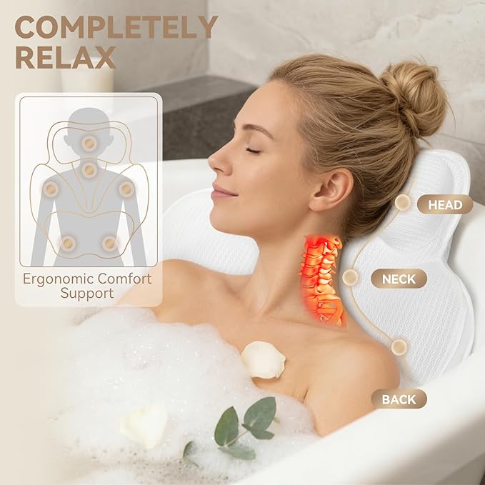 Bath Pillows for Tub - Luxury Bathtub Pillow Neck, Head, Back Support, Soft 5D Mesh Fabric and Non-Slip Suction Cups & Quick Dry, Fits All Tubs, Bath Soaking Accessories Spa Gifts, White