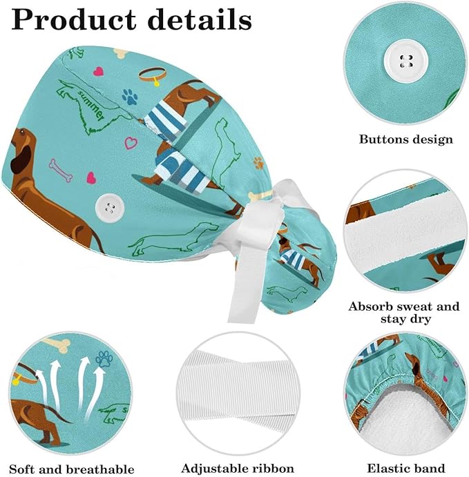 Adjustable Brown Dachshund Dog Blue Surgical Scrub Cap with Button,Sweatband for Women with Bow Hair Scrunchy