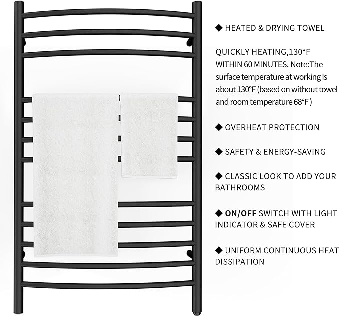 HEATGENE Towel Warmer Wall Mount Electric Plug-in/Hardwired Heated Towel Rack, 4-Supports Matte Black