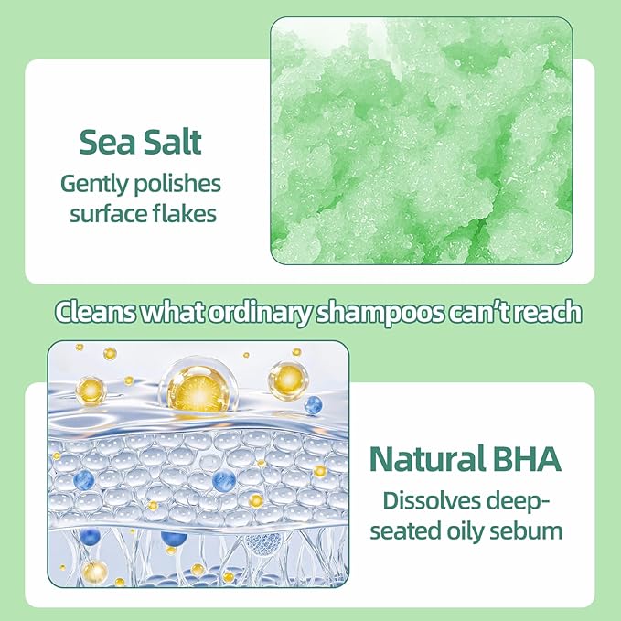 Rosemary Scalp Scrub & Exfoliator for Fuller Hair - Sea Salt & BHA Scalp Treatment with Silicone Massager Brush - Deep Cleanser for Oily Roots, 10.58oz