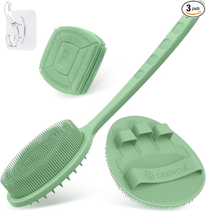 Silicone Back & Face Scrubber & Bath Glove Set 3PCS, 13.4'' Gentle Back Scrubber with Dual-Side Head, 360° Anti-Slip Bath Glove, Unique Side-bristled Face Scrubber for All-round Cleaning(Green)