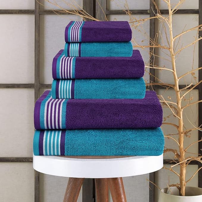 CASA COPENHAGEN He & She 6 Pieces Towel Set- Violet Indigo + Blue Green, 550 GSM 2 Bath Towel 2 Hand Towel 2 Washcloth, Designed in Denmark Made of Soft Egyptian Cotton for Bathroom, Kitchen & Shower