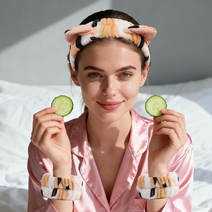 PERFECTSIGHT 2 Pack Cute Animal Headbands for Makeup Wash Shower Adjustable Elastic Hair Band for Girls and Women (Leopard Cat Ear)