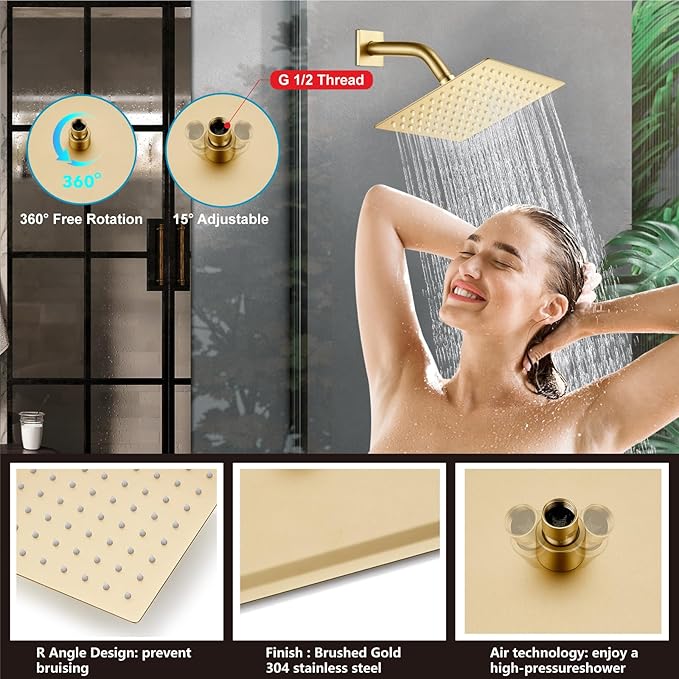 Midanya Shower System with Tub Spout,Bathtub Shower Faucet Set with Square Rainfall Head and Handheld Sprayer Wall Mount Tub Faucet Set with Valve and Trim Kit,8 Inch Brushed Gold