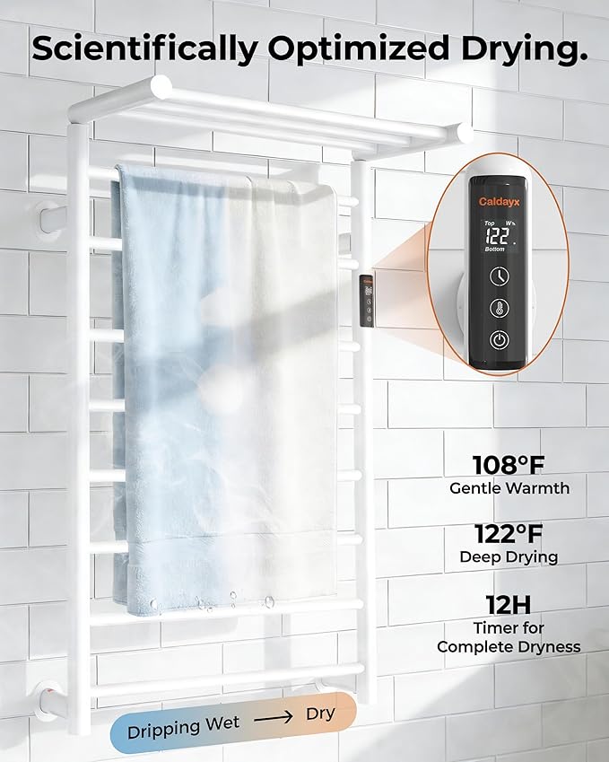 Foldable Heated Towel Rack, Dual-Zone Electric Towel Warmer Rack with Timer, GFCI Plug-in or Hardwired, Wall-Mounted, Drill-Free Installation, Matte White, CA3-1100X550-Standard-MW