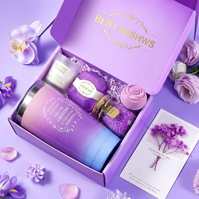 Birthday Gifts for Women, Mothers Day Gifts for Mom, Wife, Her, Friend, Teacher, Nurses, Coworker, Self Care Spa Baskets Set, Thank You Gift for Women Purple