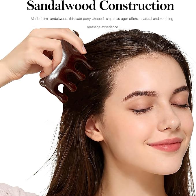 Sandalwood Cute Pony Scalp Massager | Wooden Massage Brush for Head, Face, Eyes, Shoulder, and Neck | Gua Sha Comb Ideal Gift for Men Women