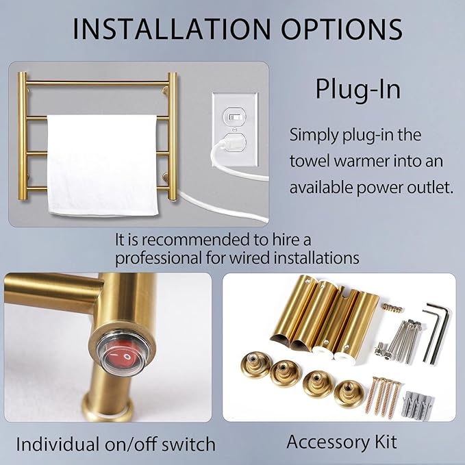 XBVV Gold Heated Towel Rack for Bathroom, Wall Mounted Bath Towel Warmer, Plug-in Electric Towel Rack, 304 Stainless Steel Fast Heating Towel Rack,Keep Bathroom Shower Towels Warm (4-Bar)