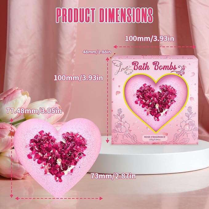 Bath Bombs for Women XXL, Basket Set for Mothers Day Gifts for Mom, Organic Heart Shaped Handmade Rose Essential Oil, Pink Teacher Appreciation Gifts for Wife Daughter Girlfriend Coworkers