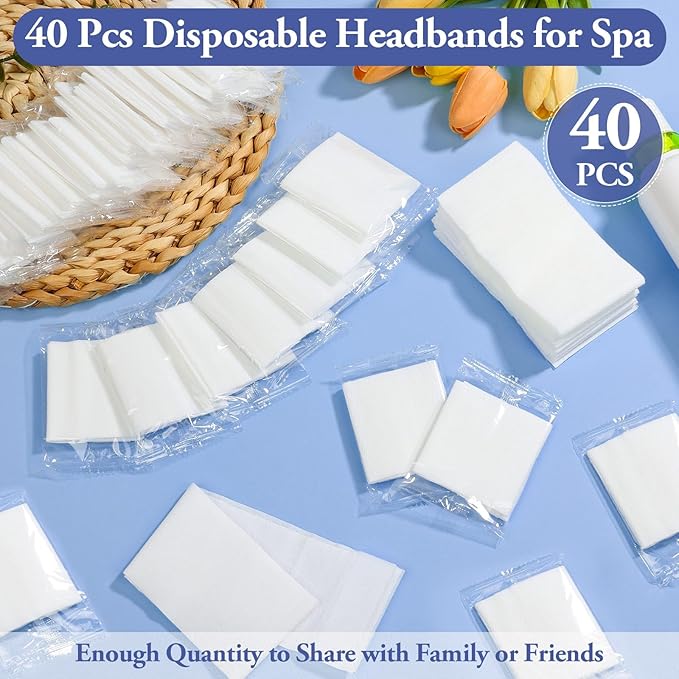 Sublaga 40 Pcs Disposable Spa Facial Headbands, Stretch Headband Wrap with Adjustable Magic Tape, Esthetician Spa Headband Stretch Non-Woven Facial SkinCare for Women Sport Yoga Salon Shower