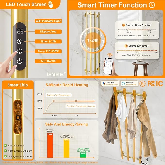 ENZE Smart Heated Towel Rack, Wall Mounted Electric Towel Warmer 300W for Bathroom, WiFi App Control, LED Touch Screen, Adjustable Temperature, 24H Timer, Vertical Model, IPX5, Plug-in/Hardwired, Gold