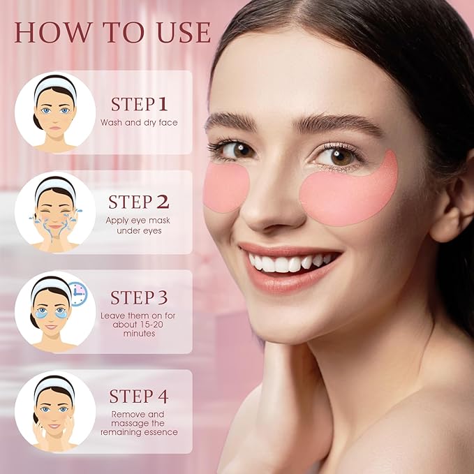 Under Eye Patches Masks - Eye Patch for for Dark Circles and Fine Lines,Puffy Eyes, Wrinkles, Eye Bags Treatment with Collagen and Hyaluronic Acid, Moisturizing and Hydrating Pink(60 Pcs)