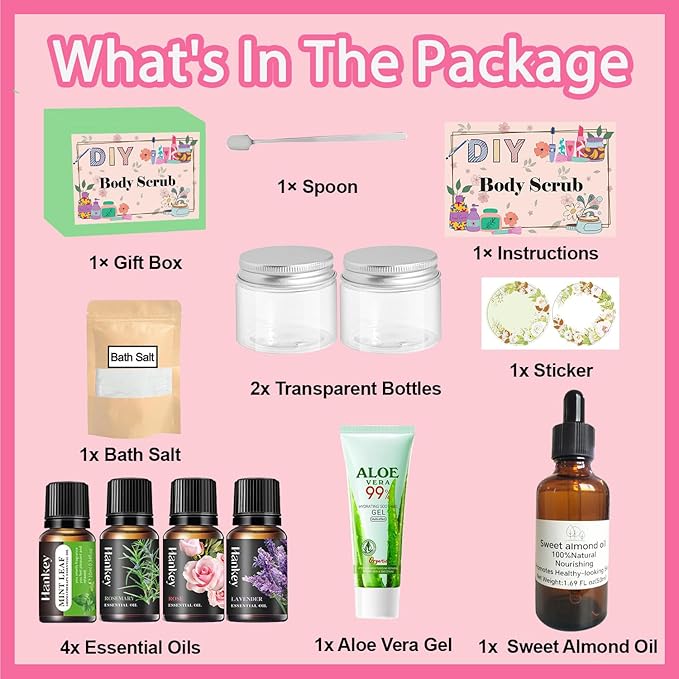 Body Scrub Making Kit- Make Your Own Salt Body Scrub set with Almond Oil, Essential Oils, Moisturizing and Exfoliating Dry Skin, Hand, Foot, DIY Organic Body Scrubs Gifts For Women & Men