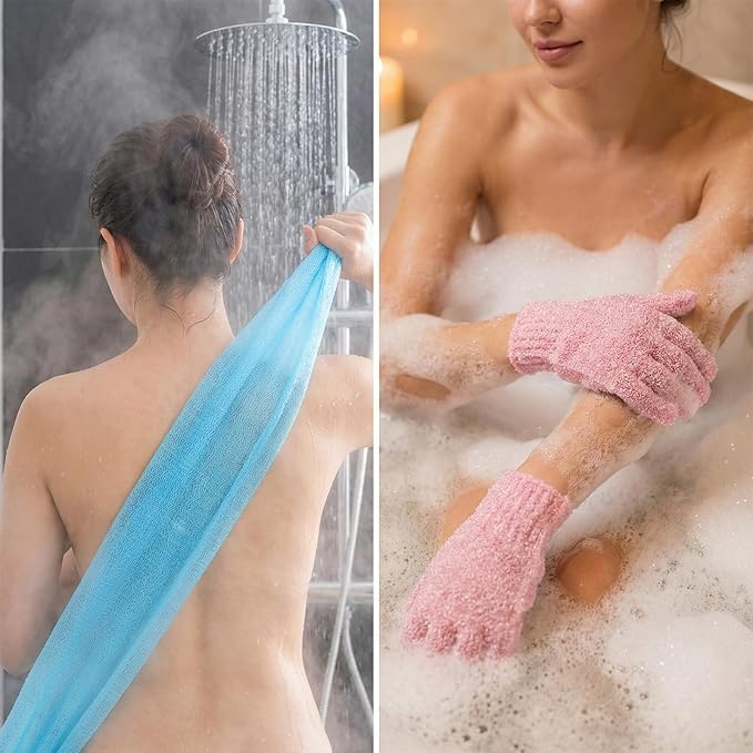 6 Pack African Net Sponge Exfoliating Glove Set, Including 3 Pcs Bath Sponge African Scrub Net Body Scrubber Back Scrubber and 3 Pairs Exfoliating Gloves as Stocking Stuffers for Adults