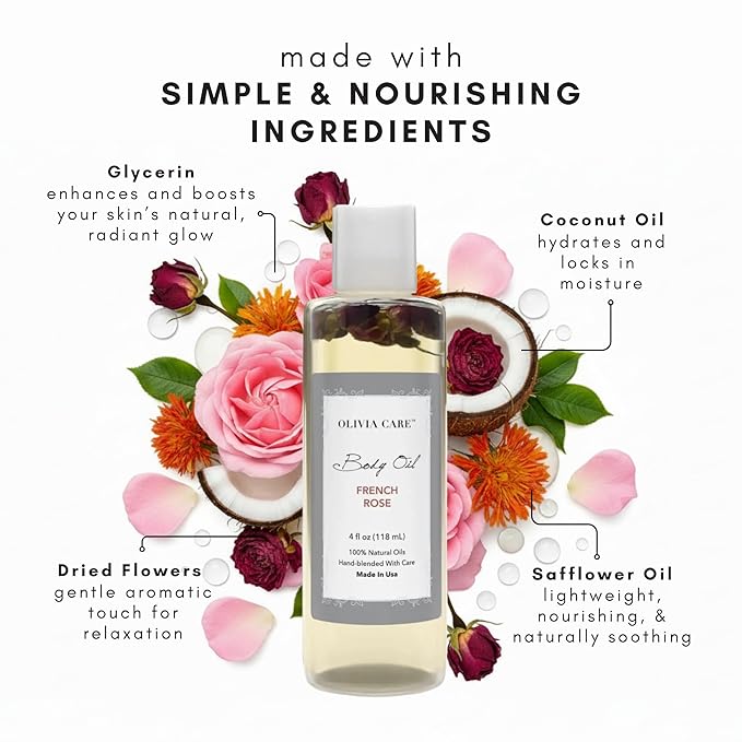 Olivia Care Body Oil - Natural Perfume Oil For Women | Hydrating & Moisturizing After Bath Oil - Infused with VITAMIN E, K & Omega Fatty Acids - Reduce Dry Skin (French Rose)